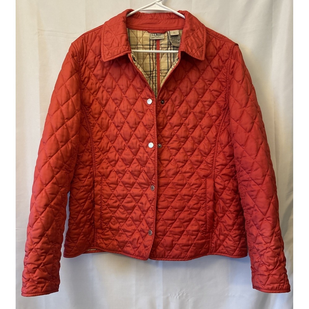 L.L. Bean Red Quilted Women's Jacket Plaid Lining Snaps Pockets L